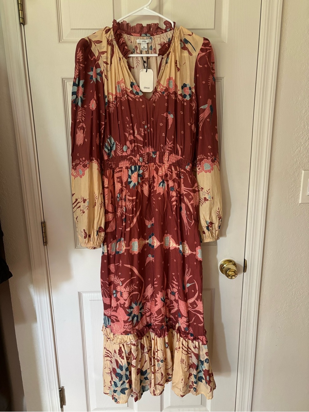 Boho Floral Long Sleeve Midi Dress - Rust & Cream